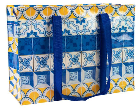 Vibrant eco-friendly shoulder tote bag with a painted tiles design, perfect for carrying daily essentials stylishly.