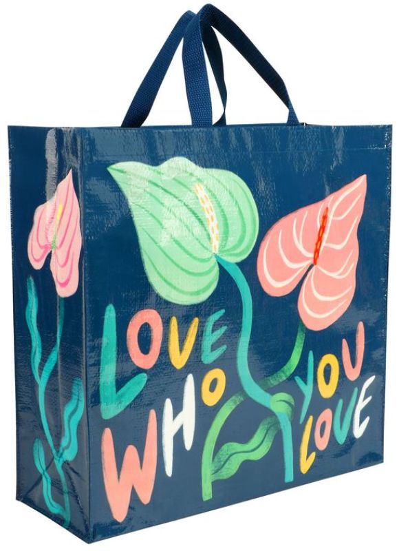 Eco-friendly Blue Q tote bag featuring "Love Who You Love" text, perfect for sustainable shopping and spreading kindness.