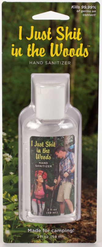 Hand sanitizer in a 2 oz. bottle, humorously titled for outdoor adventures and effective against germs.