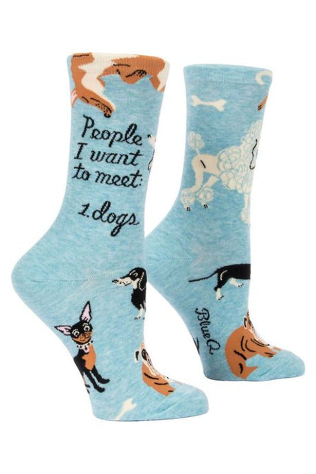 Blue Q Socks featuring playful dog prints, perfect for women sizes 5-10, made from a soft and durable blend.