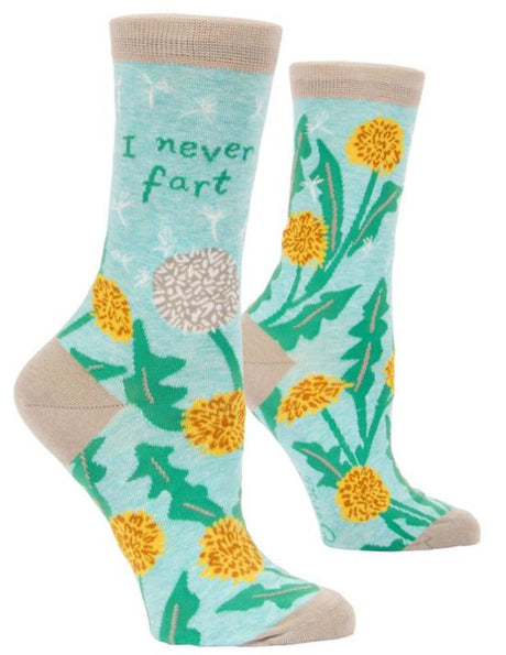 Whimsical women's socks saying "I never fart, but I do lie", made from a cozy nylon-cotton blend, size 5-10.