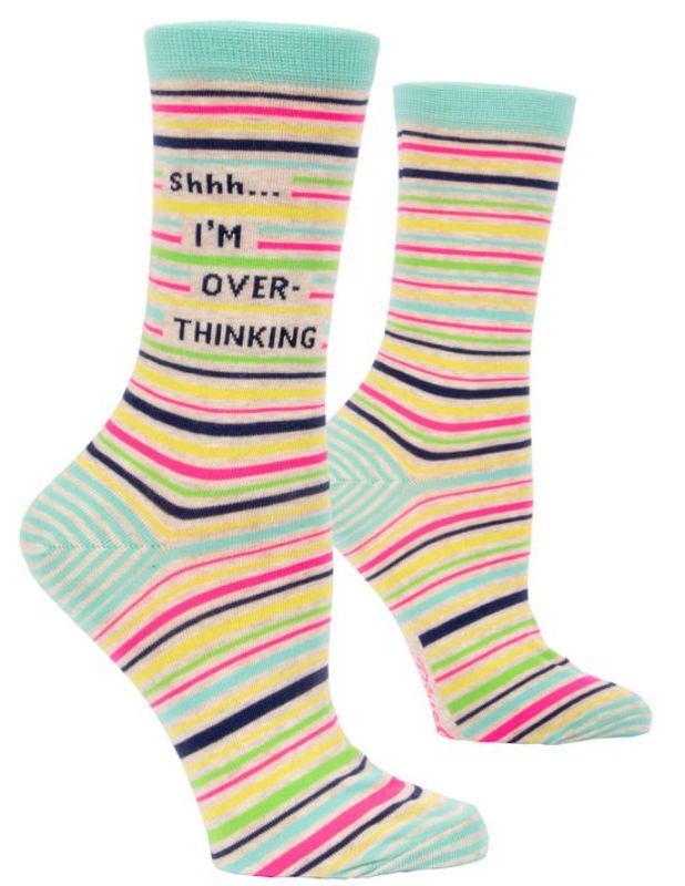 Vibrant Blue Q socks with a humorous "Shhh I'm Over Thinking" message, perfect for comfortable lounging.