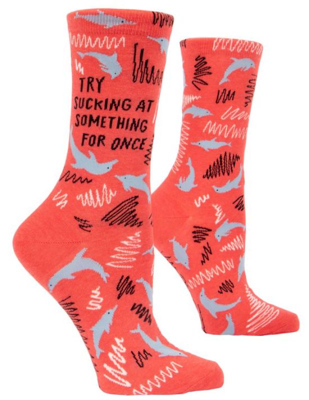 Vibrant Blue Q socks featuring a playful "Try Sucking At Something" design, perfect for fun, comfort, and motivation.