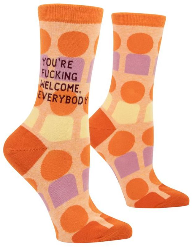 Bold Blue Q socks featuring the phrase "You're Fucking Welcome," designed for comfort and sass in women's sizes 5-10.