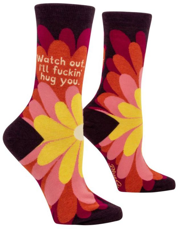 Quirky Blue Q socks with humorous "I'll Fuckin Hug You" design, perfect for women's sizes 5-10 and all-day comfort.