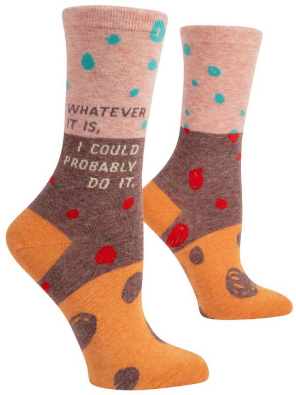 Colorful Blue Q socks with humorous print, designed for women's sizes 5-10, offering comfort and style for any occasion.