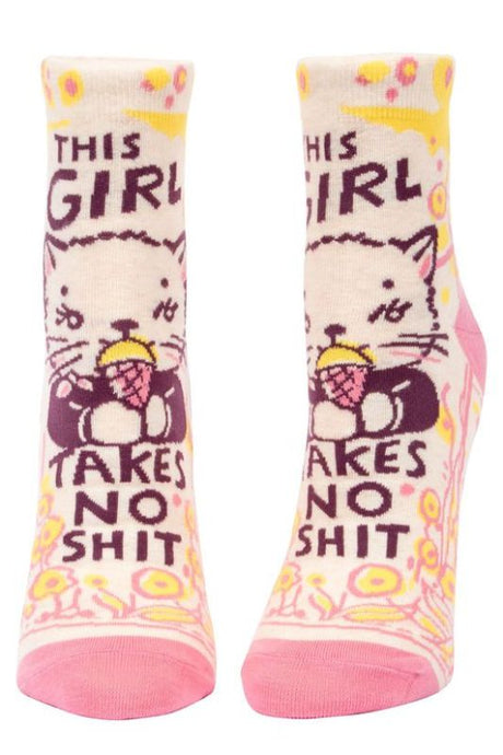 Blue Q Ankle Socks featuring a playful "Girl Takes No Shit" graphic, ideal for bold women who embrace comfort and style.