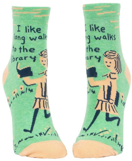 Whimsical Blue Q ankle socks featuring 'I Like Long Walks to the Library' slogan, perfect for book lovers and cozy strolls.