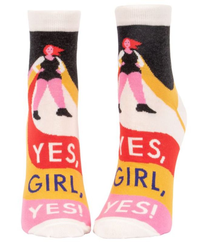 Vibrant Blue Q ankle socks with 'Yes, Girl, Yes' message, stylish and comfy for women’s sizes 5-10.