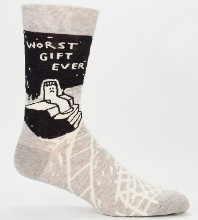 Humorous Blue Q men's socks labeled "Worst Gift Ever," designed for comfort and fun, suitable for shoe sizes 7-12.