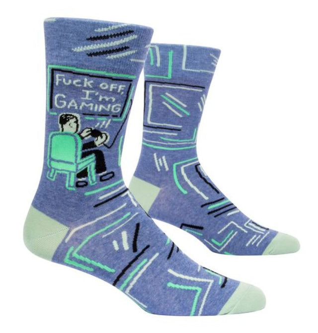 Vibrant Blue Q men's socks with "FuckOff, I'm Gaming" slogan, perfect for comfortable, stylish gaming sessions.