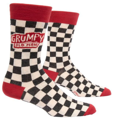 Cozy Blue Q men's socks featuring a playful 'Grumpy Old Man' design, perfect for shoe sizes 7-12.