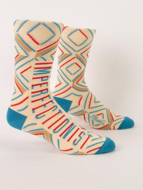 Colorful Blue Q men's crew socks celebrating imperfection, designed for comfort and style, suitable for shoe sizes 7-12.