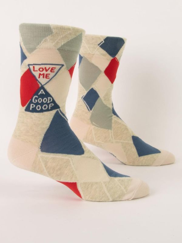 Blue Q Men's Crew Socks featuring 'Love Me A Good Poop' design, perfect for fun-loving style and all-day comfort.