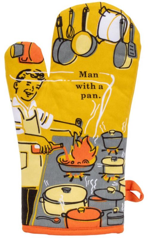 Oven mitt featuring a playful graphic of a man with a frying pan, designed for safety and style in the kitchen.