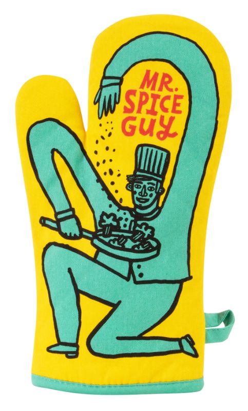 Oven mitt featuring Mr. Spice Guy design, crafted from 100% cotton for heat protection and comfort in the kitchen.