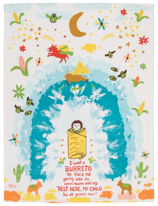 Blue Q dish towel featuring "I Want A Burrito" design, made from absorbent cotton, 28x21 inches, perfect for kitchen humor.