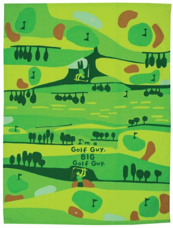 Golf-themed dish towel featuring vibrant designs, 100% unbleached cotton, super-absorbent, perfect for kitchen use.