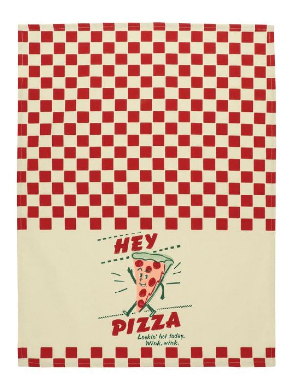 Quirky Blue Q dish towel featuring 'Hey Pizza. Lookin' hot today' in vibrant silk-screened print, made from 100% cotton.