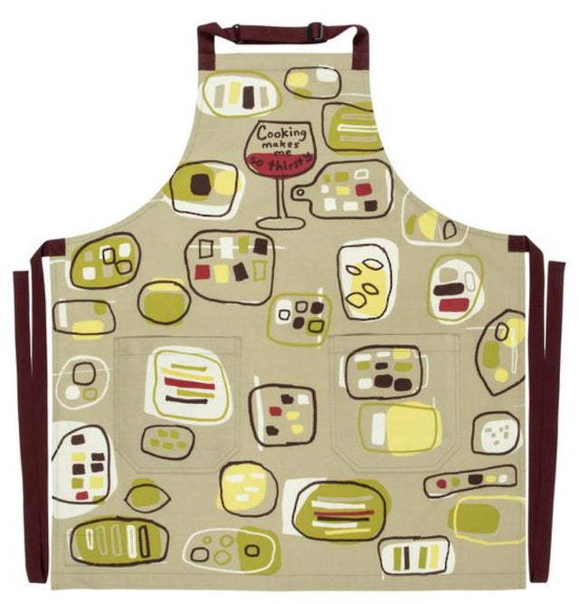 Humorous "Cooking Makes Me So Thirsty" apron in durable cotton twill with pockets, adjustable neck strap, and long waist ties.