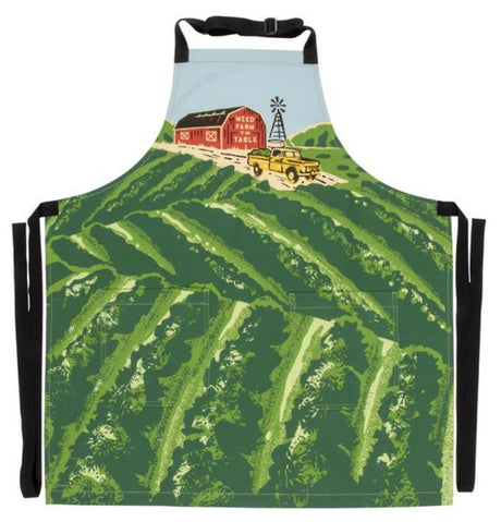 Eco-friendly Weed Farm To Table Apron in durable cotton twill with adjustable neck strap and pockets for gardening tools.