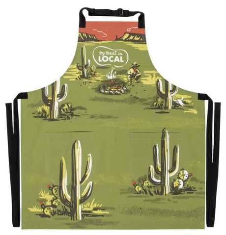 Stylish "My Meat Is Local" apron in heavy cotton twill, featuring adjustable ties and pockets for conscious cooking.