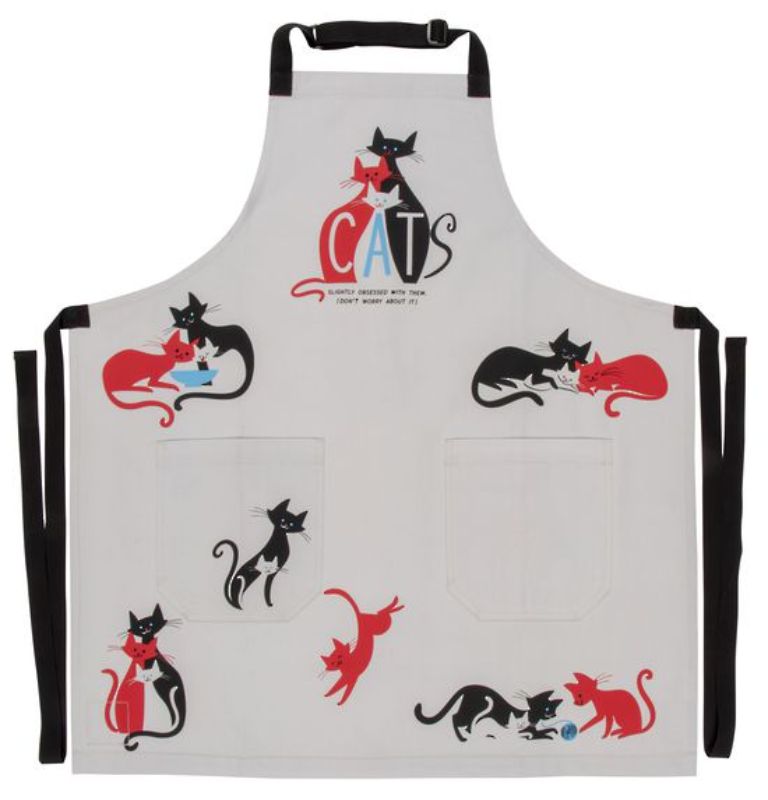 Whimsical 'Cats' apron made of durable cotton, featuring playful cat designs, handy pockets, and adjustable straps for comfort.