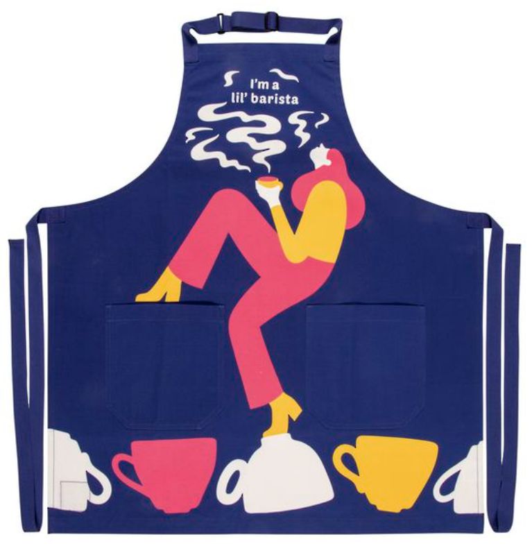 Stylish cotton apron with "I'm A Lil' Barista" print, featuring pockets, long ties, and adjustable neck strap for coffee lovers.