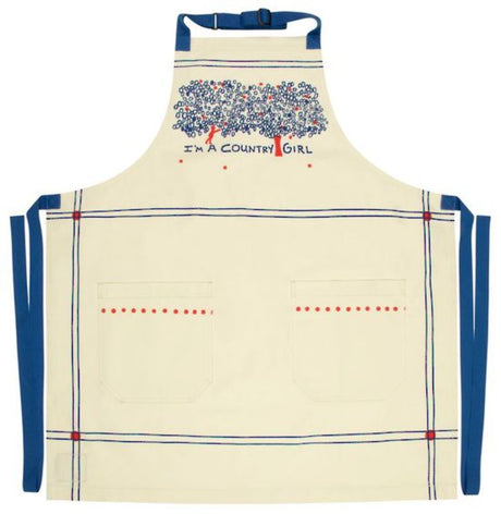 Stylish 'I'm A Country Girl' apron in heavy cotton twill with extra-long ties and pockets for comfort and functionality.