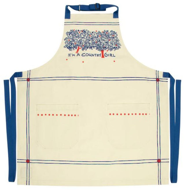 Stylish 'I'm A Country Girl' apron in heavy cotton twill with extra-long ties and pockets for comfort and functionality.