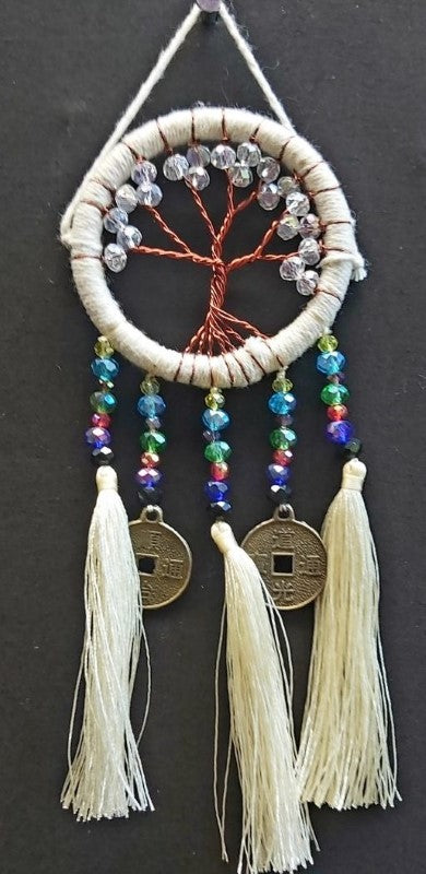 Set of 4 6cm Dreamcatchers featuring Tree of Life design and Feng Shui coins, promoting positivity and prosperity.