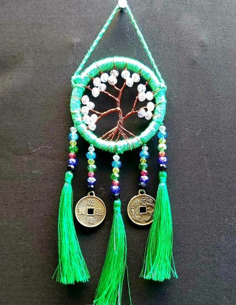 Set of 4 Tree of Light dreamcatchers with Feng Shui coins, designed to enhance well-being and attract positive energy.