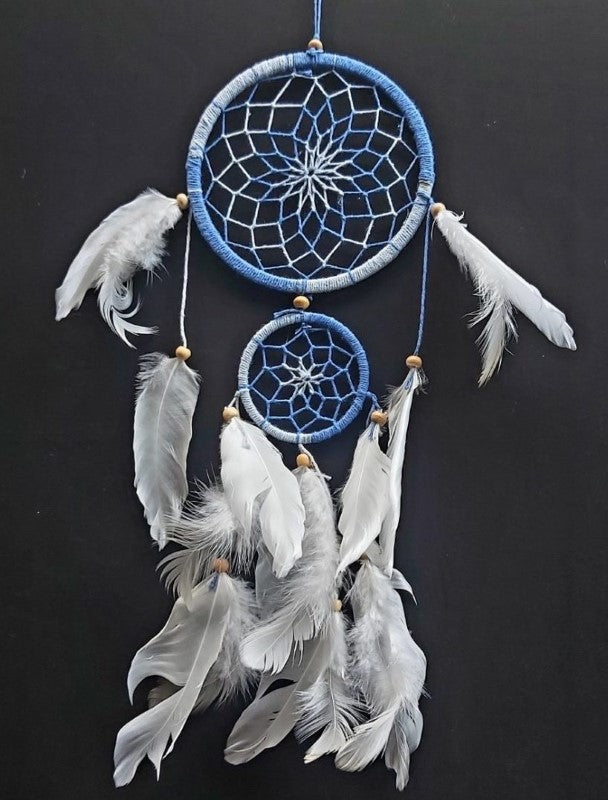 Handcrafted blue dreamcatchers with white feathers, 12cm, set of 2, perfect for bohemian home decor and meaningful gifts.