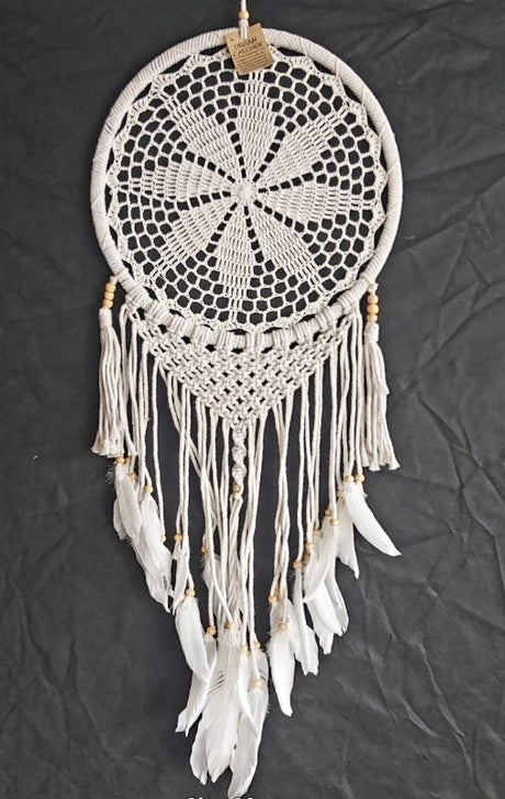 Elegant white crochet flower dreamcatcher, 32cm, perfect for adding boho charm and protection to any decor.