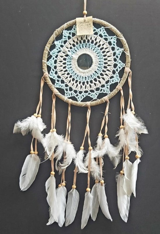 Handcrafted 22cm natural crochet dreamcatcher, enhancing decor and promoting positive energy for peaceful spaces.