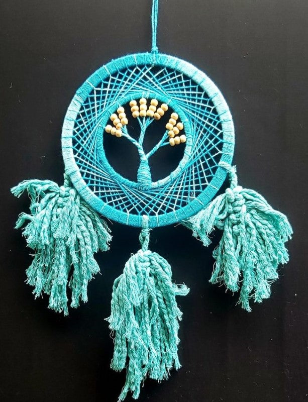 Teal Tree of Life dreamcatcher (17cm) symbolizing growth, crafted for tranquility and protection in home decor.