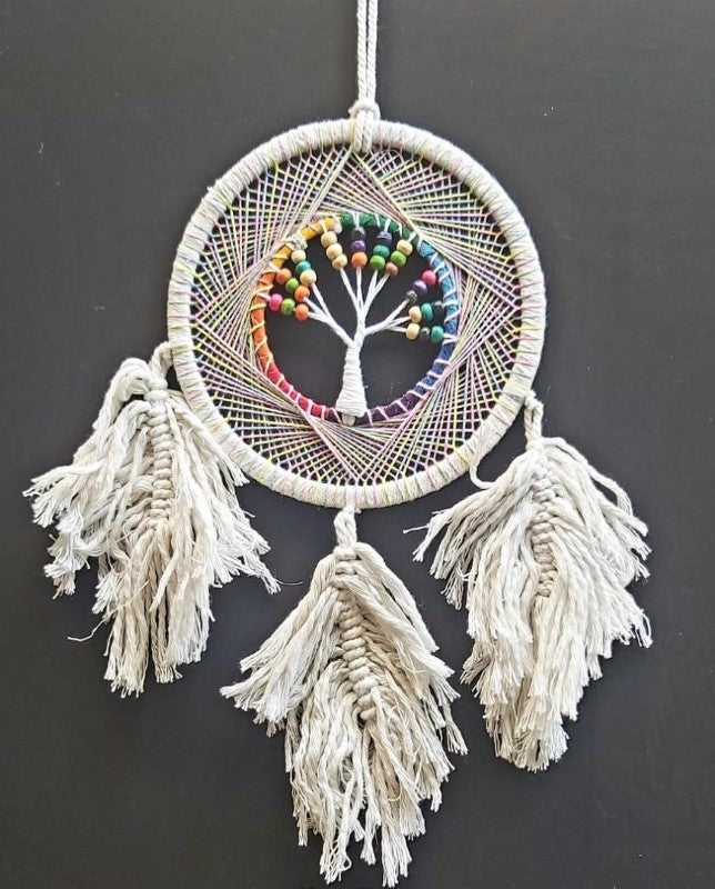 Beaded white tree of life dreamcatcher (17cm) symbolizing harmony, crafted for beauty and positive energy in your space.