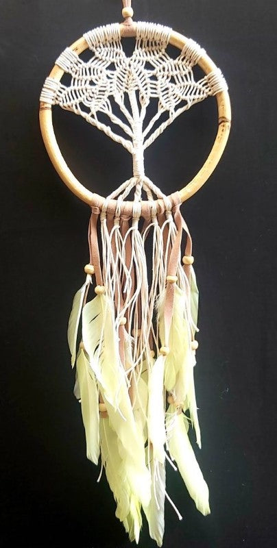 Dreamcatcher featuring a natural cotton Tree of Life design, 15cm diameter, symbolizing growth and tranquility for home decor.