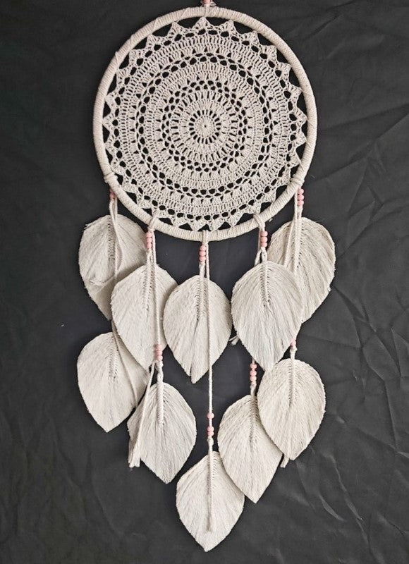 Handcrafted white crochet dreamcatcher, 32cm, blending bohemian elegance and tranquility for stylish home decor.