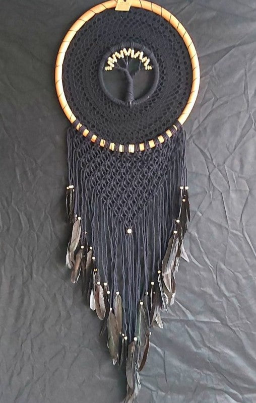 Black crochet dreamcatcher featuring a Tree of Life design, 42cm, promoting positive energy and spiritual tranquility.