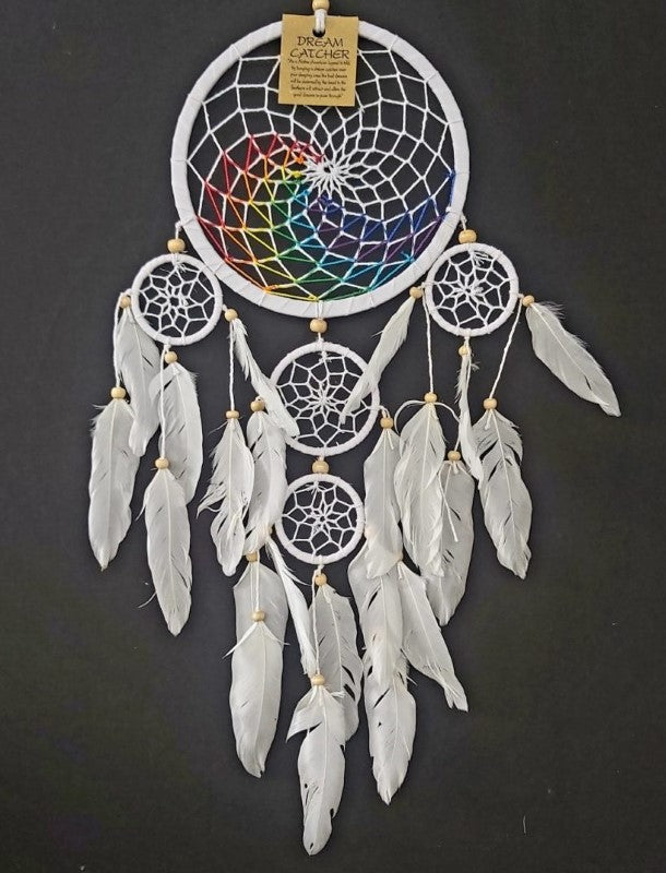 White dreamcatcher featuring the Flower of Life design, 17cm diameter, symbolizing positivity and tranquility for home decor.