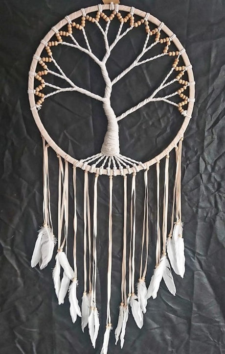 Handcrafted 42cm cotton dreamcatcher featuring the Tree of Life, symbolizing protection and positive energy, perfect decor piece.