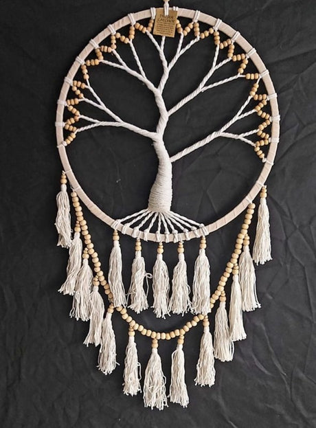 Dreamcatcher featuring a white Tree of Life, 42cm, crafted from cotton for serene home decor and spiritual elegance.