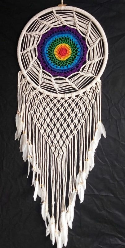 Handcrafted 42cm crochet dreamcatcher featuring intricate designs and feathers, perfect for bohemian home decor.