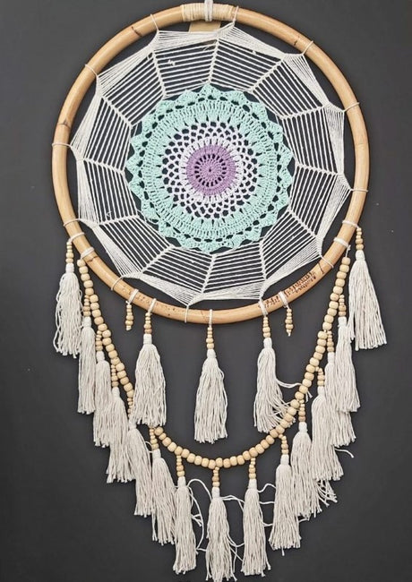 Natural cotton crochet dreamcatcher, 42cm, perfect for home decor and promoting sweet dreams with bohemian elegance.