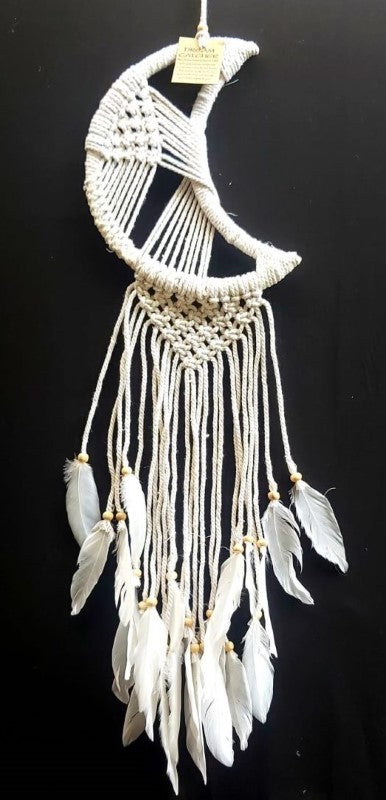 White moon dreamcatcher (22cm) with intricate weaving, feathers, and beads, symbolizing protection and tranquility for home decor.