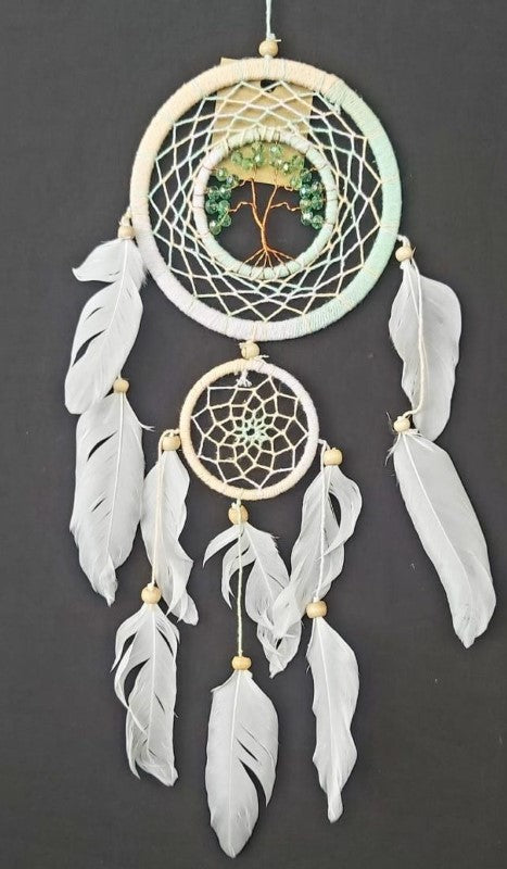 "12cm Dreamcatcher - Tree of Life, featuring woven threads, vibrant beads, and feathers, symbolizing protection and positivity."