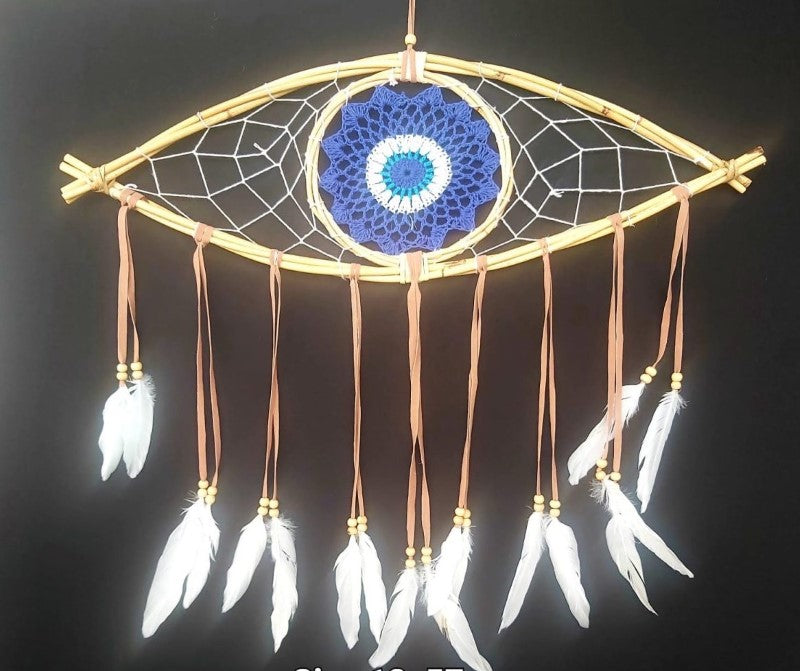 Handcrafted 22cm crochet dreamcatcher featuring a Nazar amulet, adding elegance and spiritual protection to your home decor.