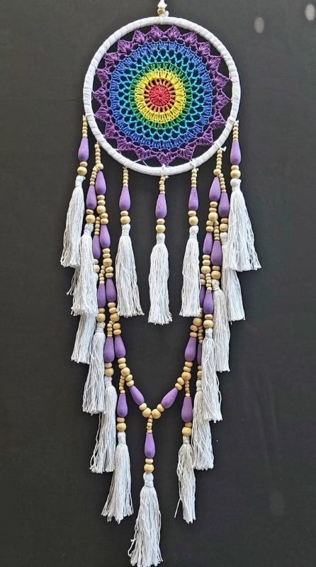 Vibrant 22cm rainbow crochet dreamcatcher with tassels, adding bohemian charm and positivity to any space.