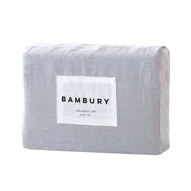 King Sheet Set in Silver, made from 100% French linen, includes flat sheet, fitted sheet, and pillowcases for luxury comfort.